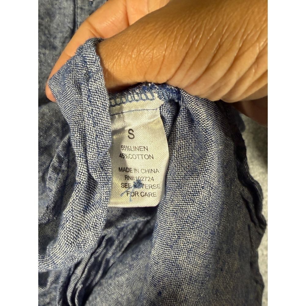 Hester & Orchard Womens Blue Linen Cotton Blend Roll Tab Henley Top Small - Picture 6 of 8
